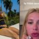 Mulher em foto dividida: Jamaica ao ar livre e close de rosto vermelho com texto