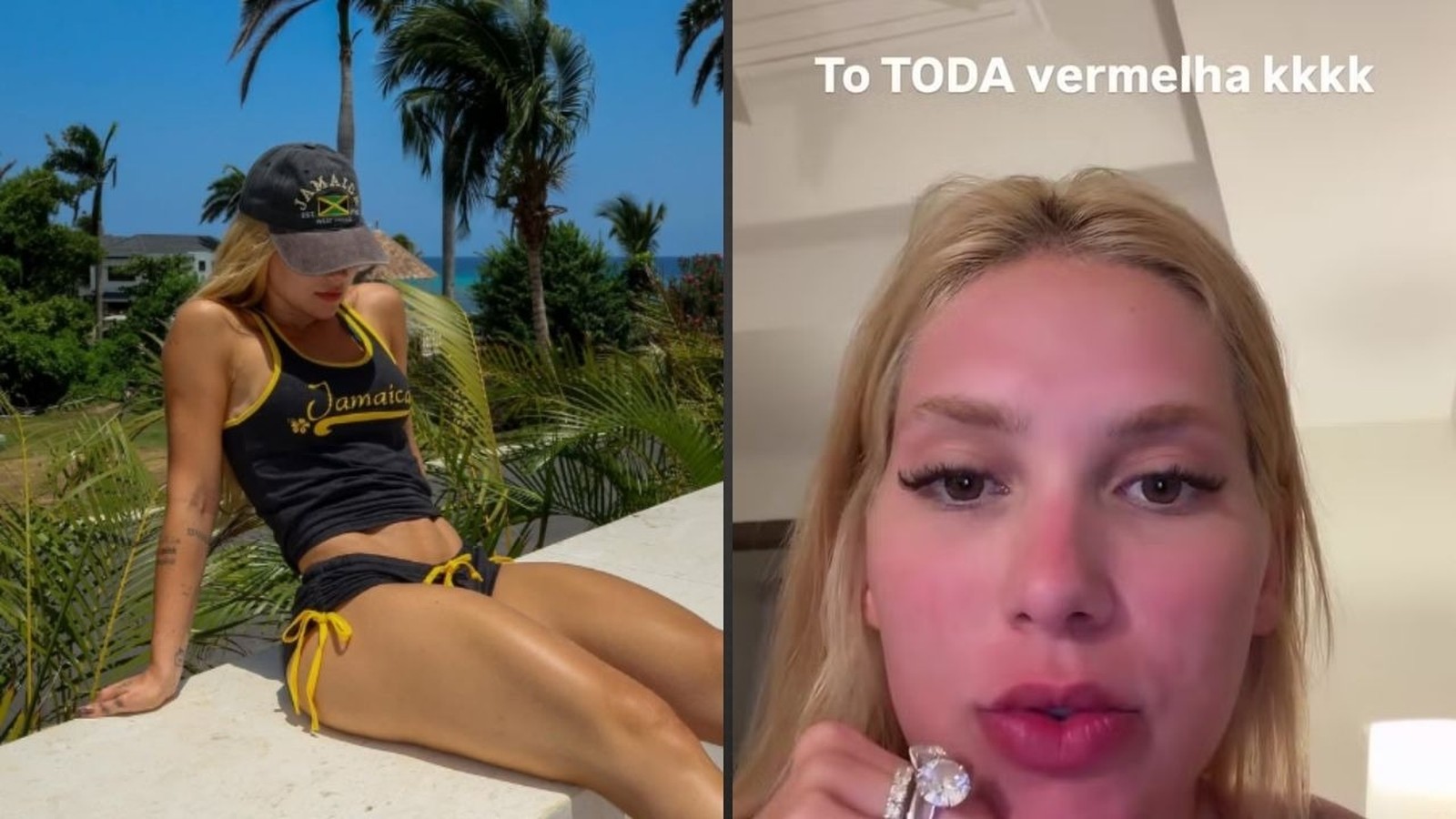 Mulher em foto dividida: Jamaica ao ar livre e close de rosto vermelho com texto