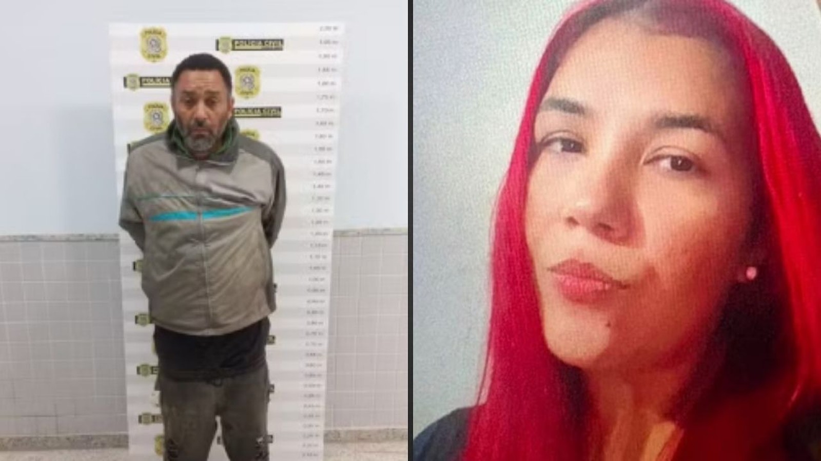 Homem em foto de prisão ao lado de retrato de mulher com cabelo vermelho