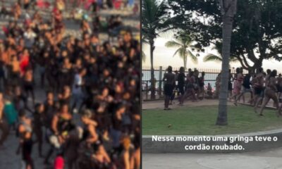 Imagem dividida. Esquerda: multidão borrada. Direita: pessoas correndo. Texto: gringa teve cordão roubado