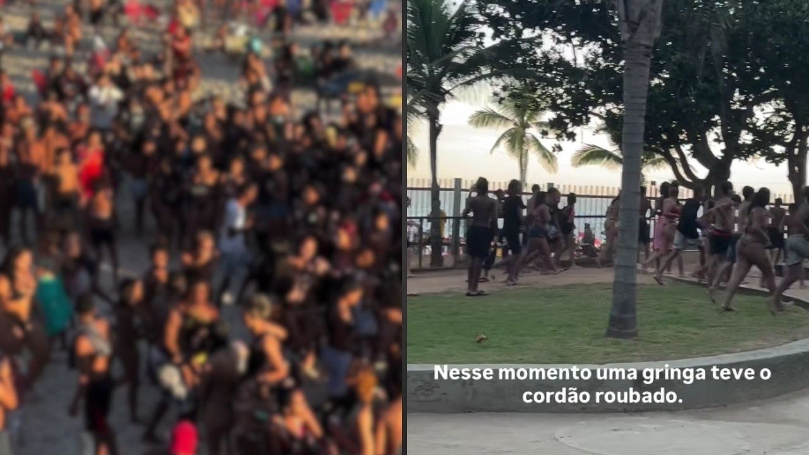 Imagem dividida. Esquerda: multidão borrada. Direita: pessoas correndo. Texto: gringa teve cordão roubado