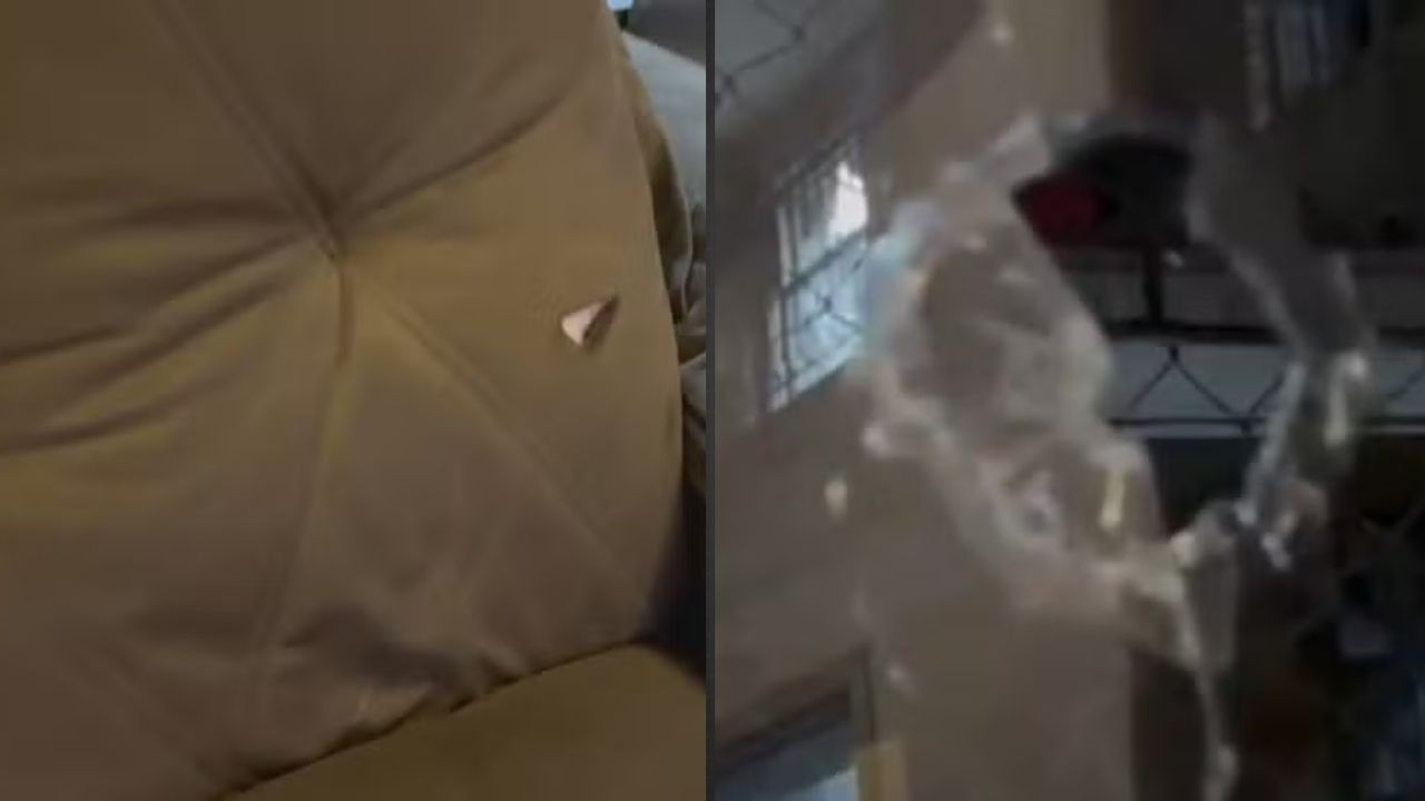 Sofá com rasgo e objeto branco, e imagem borrada de vidro quebrado.