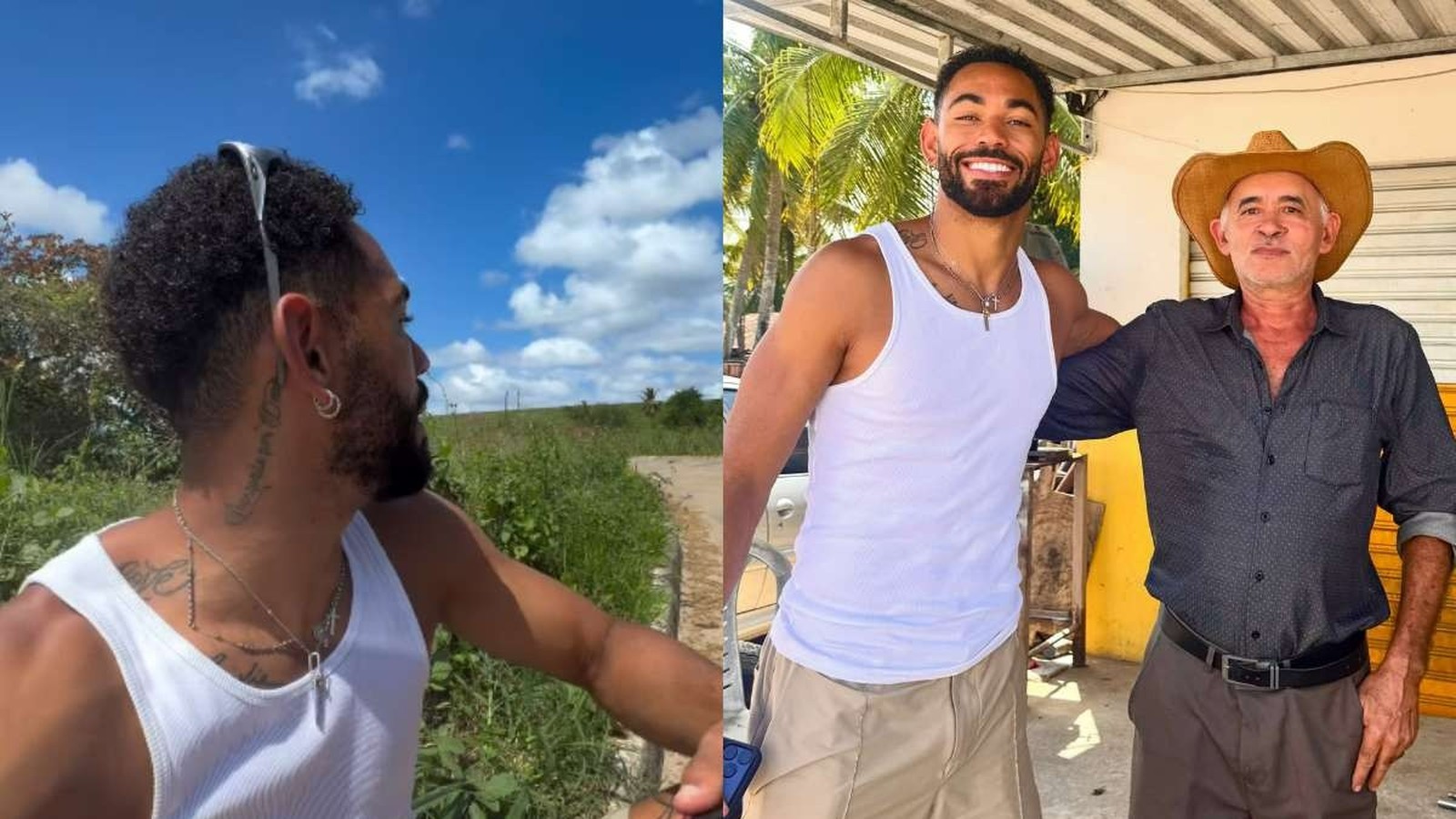 Jogador Matheus Cunha com mecânico Denílson sorrindo e em paisagem com céu azul e vegetação