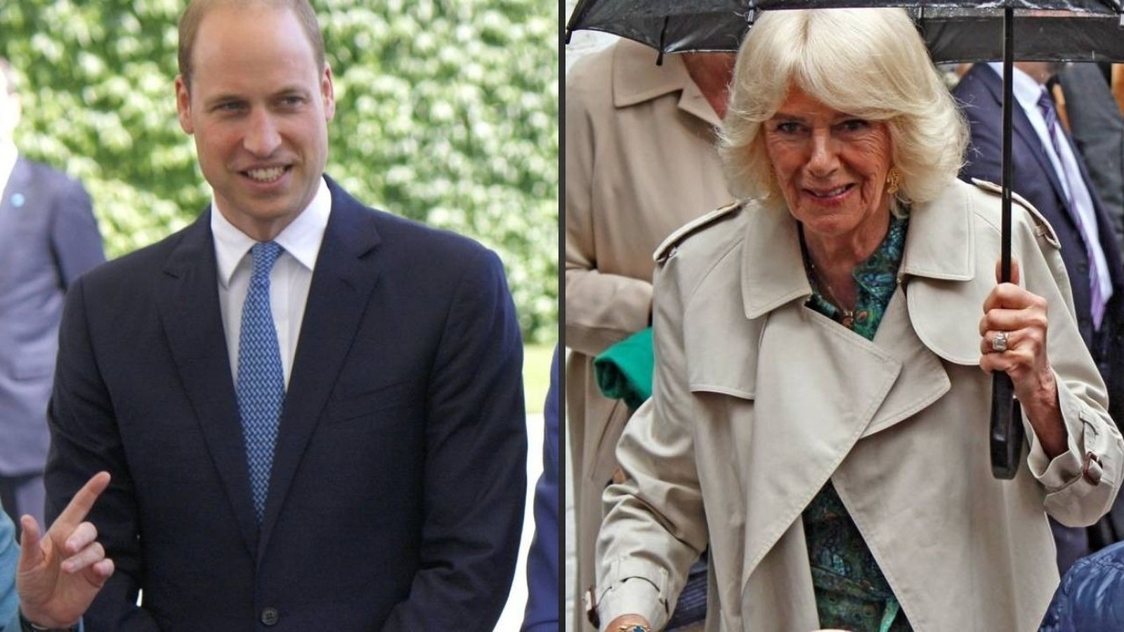 Príncipe William sorri de terno; Rainha Camilla sorri de trench coat sob guarda-chuva.
