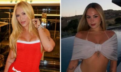 Virginia Fonseca à esquerda em top vermelho, Lara Jucah à direita em top creme junto à piscina
