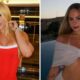 Virginia Fonseca à esquerda em top vermelho, Lara Jucah à direita em top creme junto à piscina
