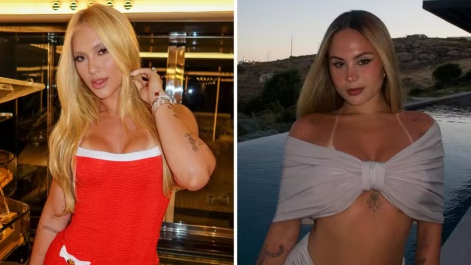 Virginia Fonseca à esquerda em top vermelho, Lara Jucah à direita em top creme junto à piscina