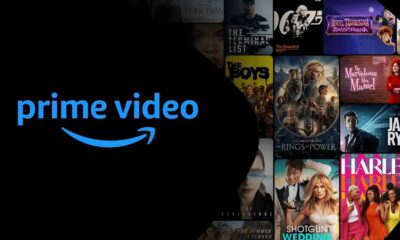 Logo azul 'prime video' em fundo preto, sobreposto a pôsteres de filmes e séries.