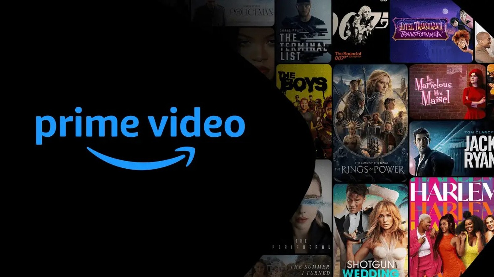 Logo azul 'prime video' em fundo preto, sobreposto a pôsteres de filmes e séries.
