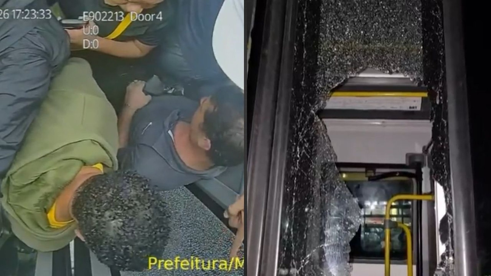 Dois homens dentro de um ônibus e uma porta de vidro do BRT estilhaçada.