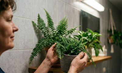 Pessoa de perfil segurando um vaso de samambaia em um banheiro com parede de azulejos.