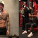 Felipe Titto, tatuado, posa para selfie e treina peitoral na academia com personal.