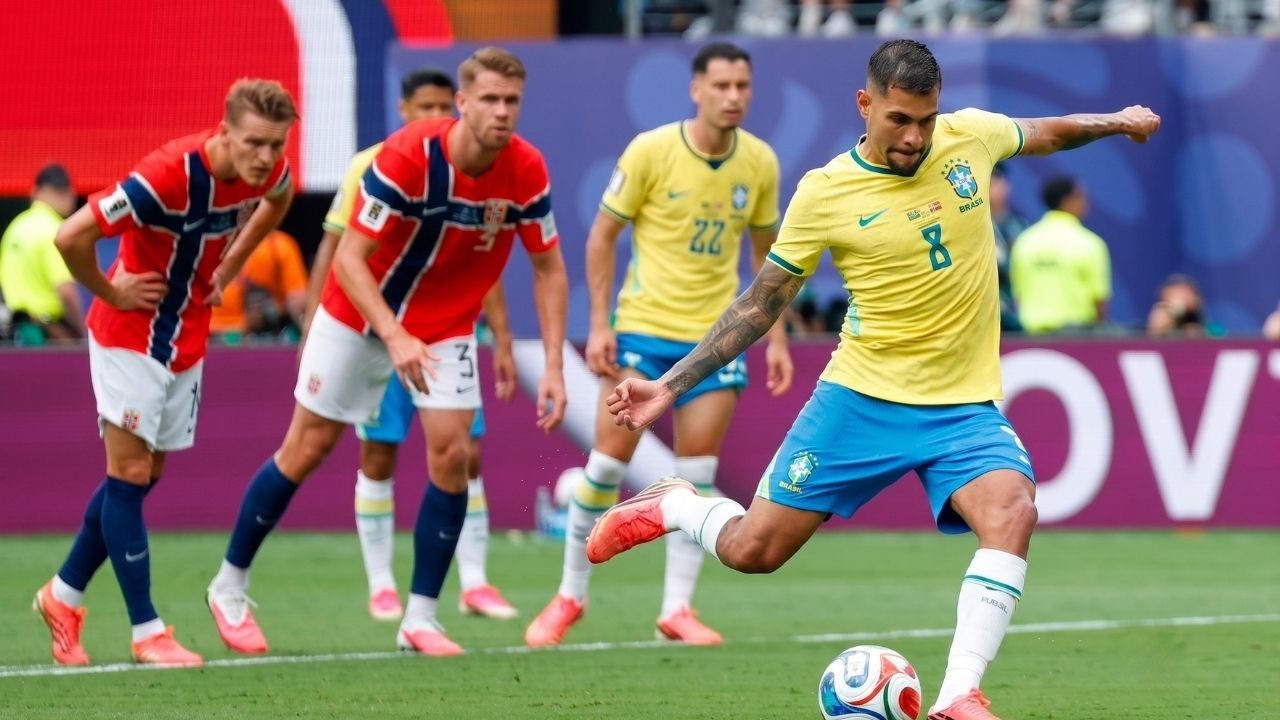 Jogador brasileiro de camisa amarela chuta a bola em campo; jogadores noruegueses de vermelho observam.