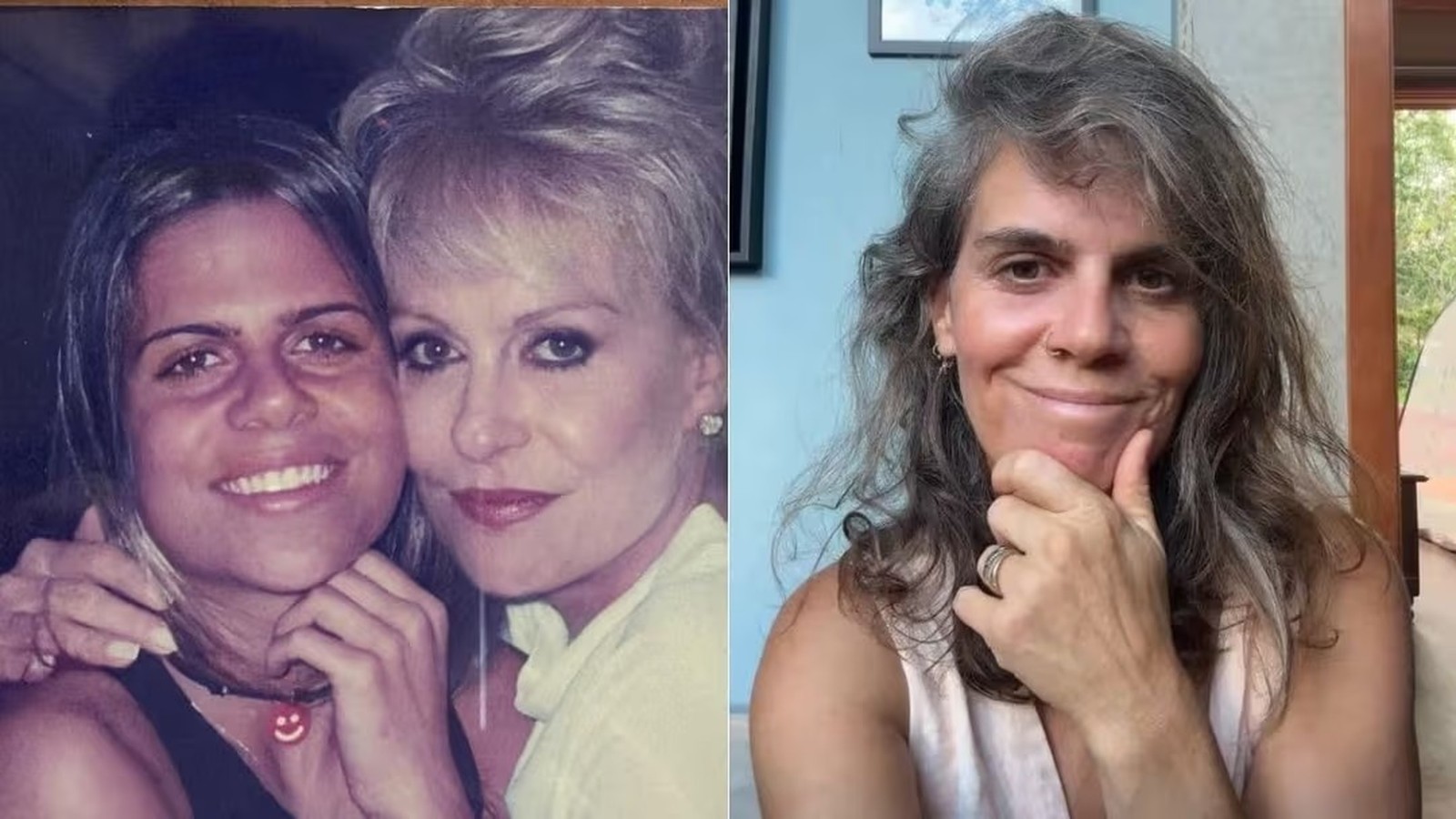 Díptico: Mariana Maffeis jovem e Ana Maria Braga em foto antiga, Mariana Maffeis atual sorrindo