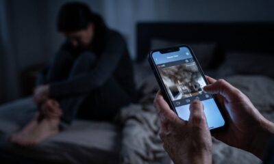 Mãos seguram smartphone exibindo aplicativo de segurança com visão ao vivo de fumaça e pessoa no fundo escuro.