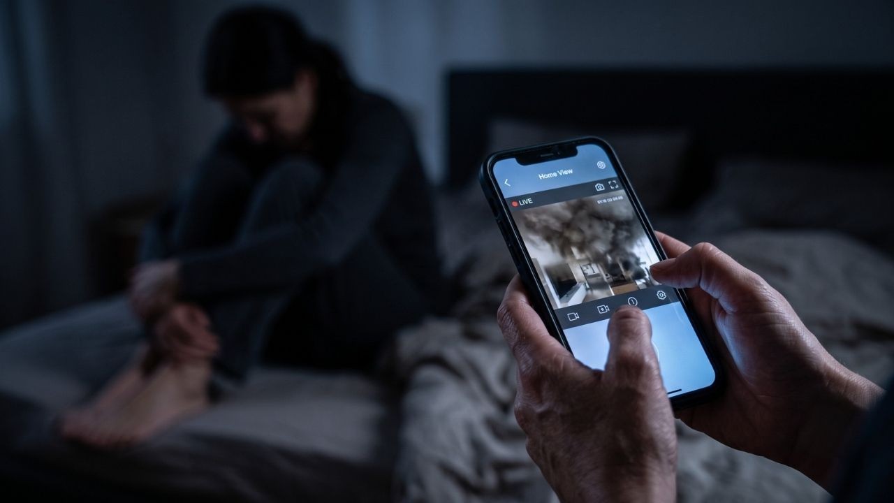 Mãos seguram smartphone exibindo aplicativo de segurança com visão ao vivo de fumaça e pessoa no fundo escuro.