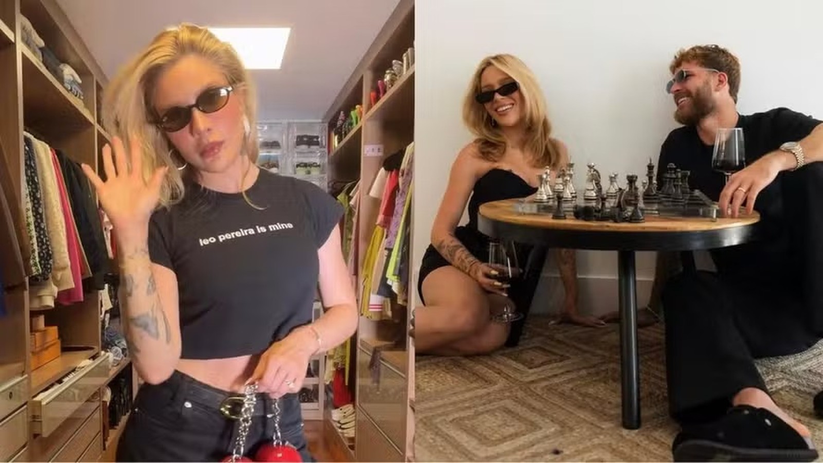 Mulher com camiseta "leo pereira is mine" e casal sorrindo em jogo de xadrez e vinho