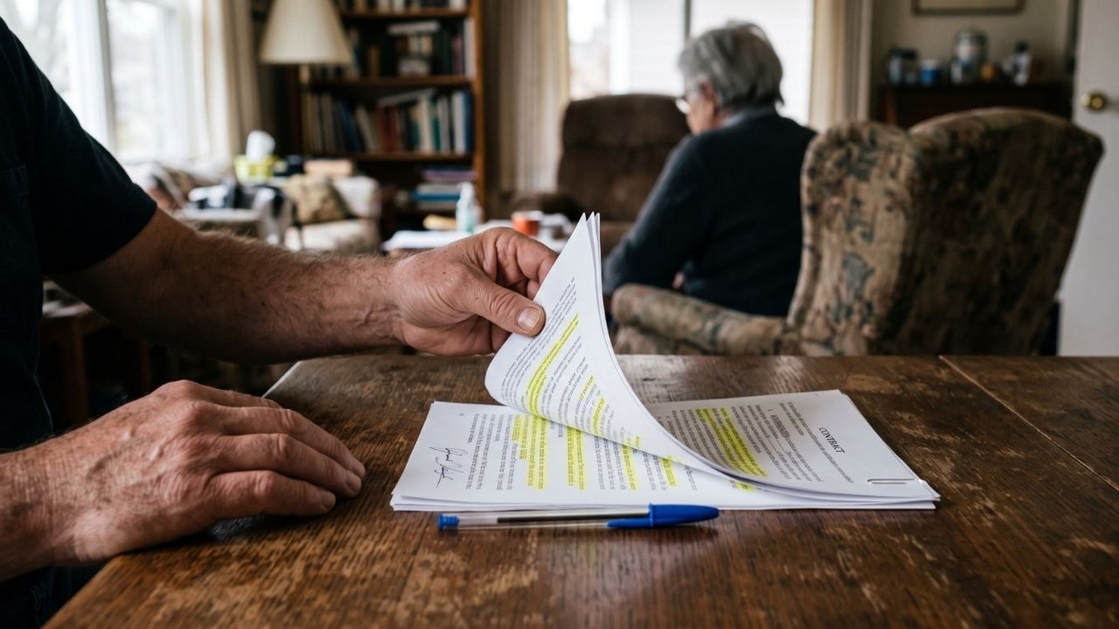 Mãos de uma pessoa folheando documentos com texto destacado e uma caneta sobre uma mesa de madeira