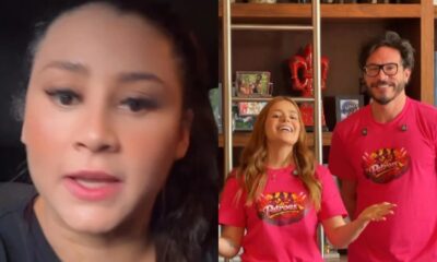 À esquerda, mulher fala. À direita, Viih Tube e Eliezer sorriem com camisetas 'Patroas'