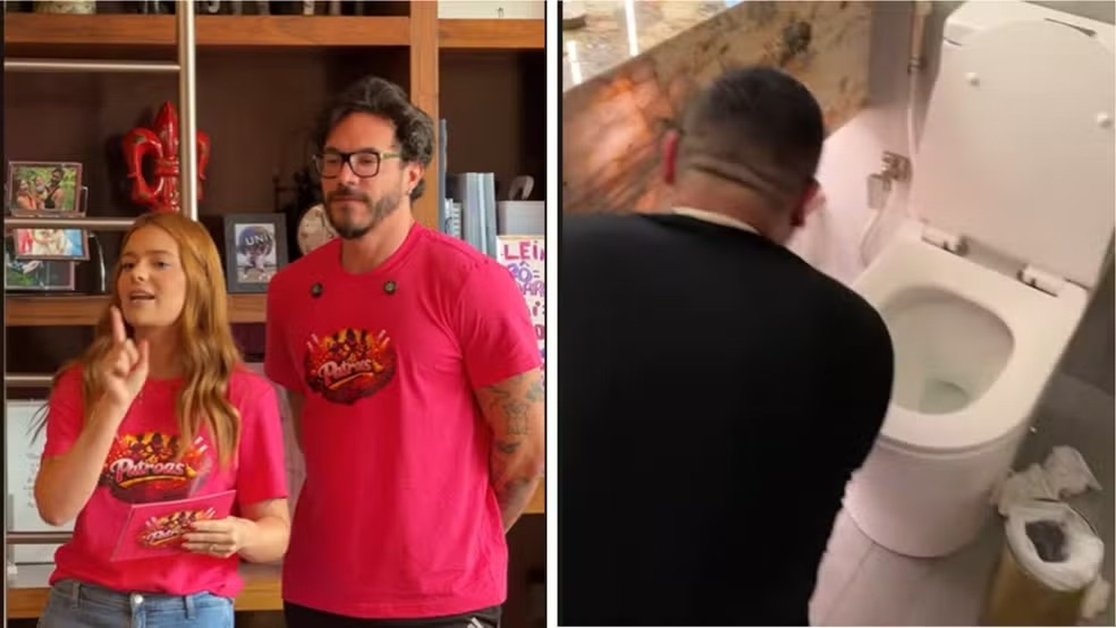 Viih Tube e Eliezer em camisetas rosas e pessoa inclinada sobre vaso sanitário e lixeira