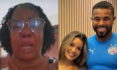 Foto dividida: mulher de óculos chorando à esquerda, casal sorridente à direita com camisa de time