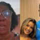 Foto dividida: mulher de óculos chorando à esquerda, casal sorridente à direita com camisa de time