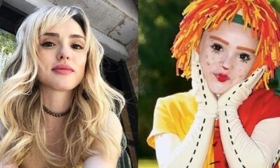 Montagem de Isabelle Drummond: à esquerda, mulher loira; à direita, atriz como boneca Emília