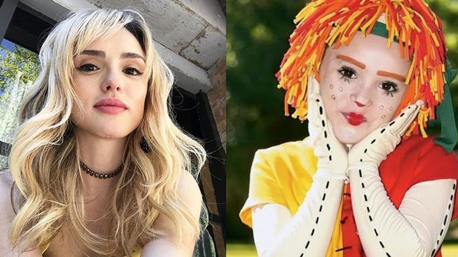 Montagem de Isabelle Drummond: à esquerda, mulher loira; à direita, atriz como boneca Emília