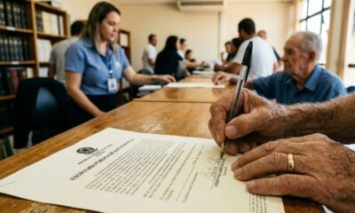 Mãos de homem idoso assinando documento "ESCRITURA PÚBLICA DE AUTOCURATELA" com caneta