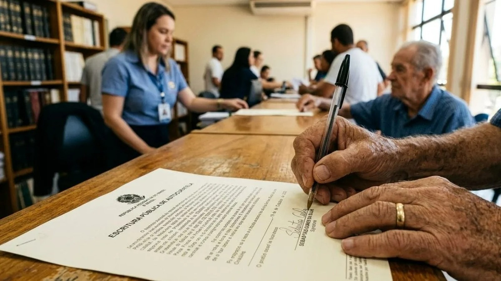 Mãos de homem idoso assinando documento "ESCRITURA PÚBLICA DE AUTOCURATELA" com caneta