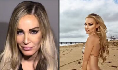 Duas fotos de mulher loira: à esquerda, close de rosto; à direita, mulher na praia de biquíni