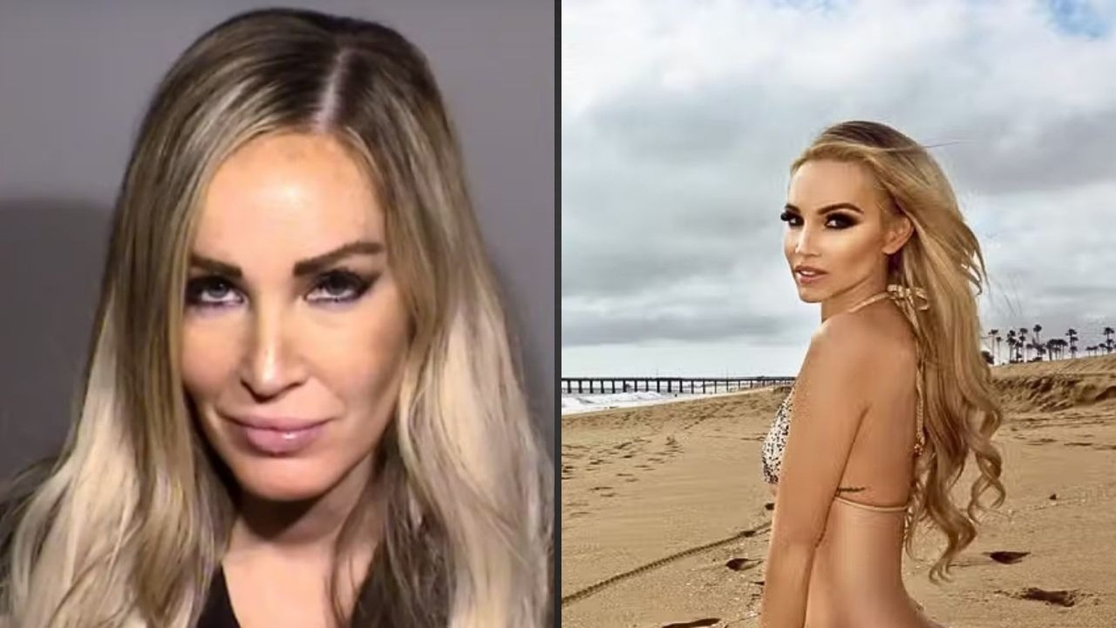 Duas fotos de mulher loira: à esquerda, close de rosto; à direita, mulher na praia de biquíni