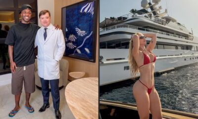 Vini Jr. sorrindo com um homem de jaleco; Virginia Fonseca de biquíni vermelho em iate