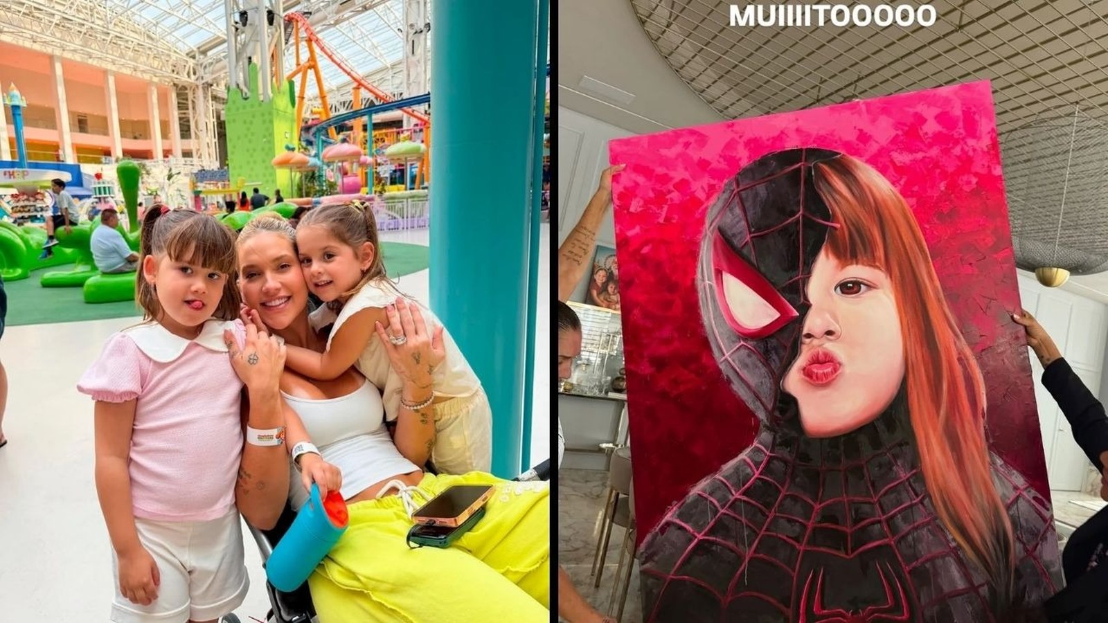 Mãe com duas filhas em parque de diversões e pintura de criança metade Homem-Aranha