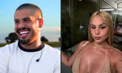 Homem sorridente de barba e mulher loira com tiara na cabeça em imagem dividida