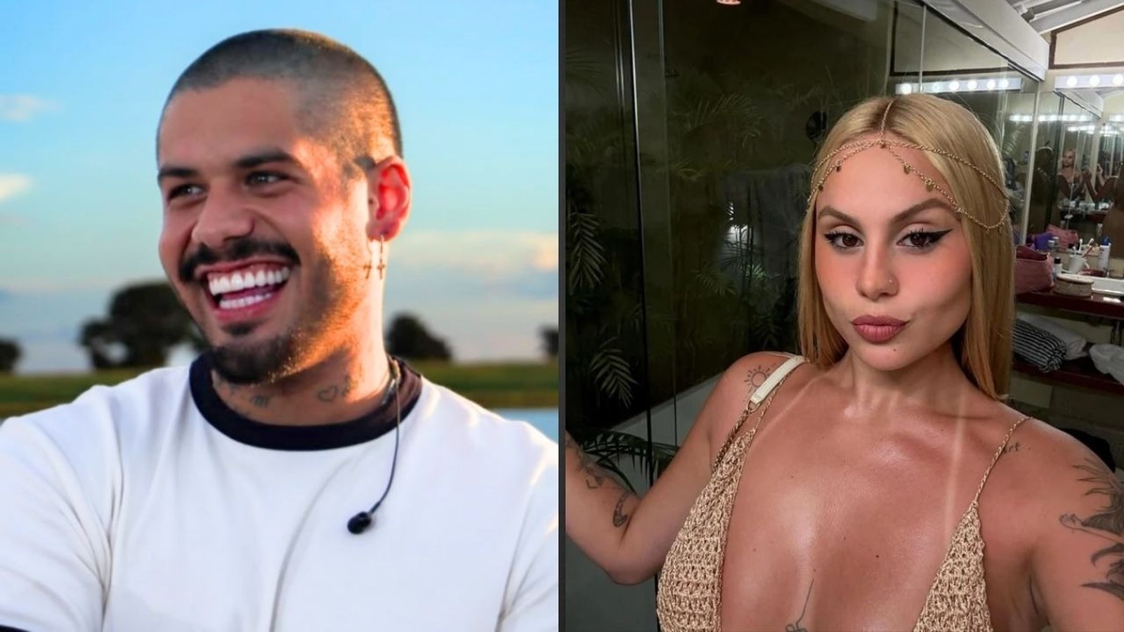 Homem sorridente de barba e mulher loira com tiara na cabeça em imagem dividida
