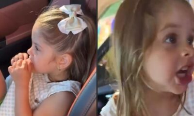 Maria Flor em duas imagens: perfil com dedos na boca, e frontal com boca aberta