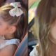 Maria Flor em duas imagens: perfil com dedos na boca, e frontal com boca aberta
