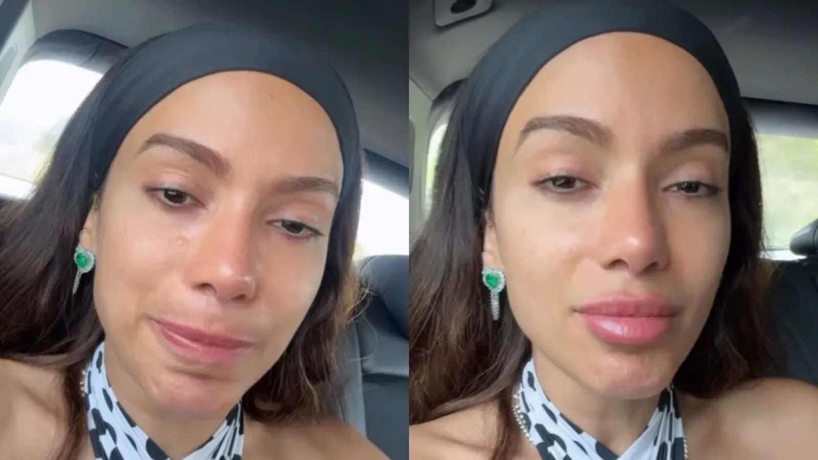 Anitta, com faixa preta, lágrimas nos olhos e brincos de esmeralda, em close-up de emoção
