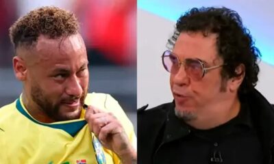 Montagem de Neymar de camisa amarela puxando a gola e Casagrande de óculos de sol, falando em close-up