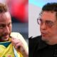 Montagem de Neymar de camisa amarela puxando a gola e Casagrande de óculos de sol, falando em close-up