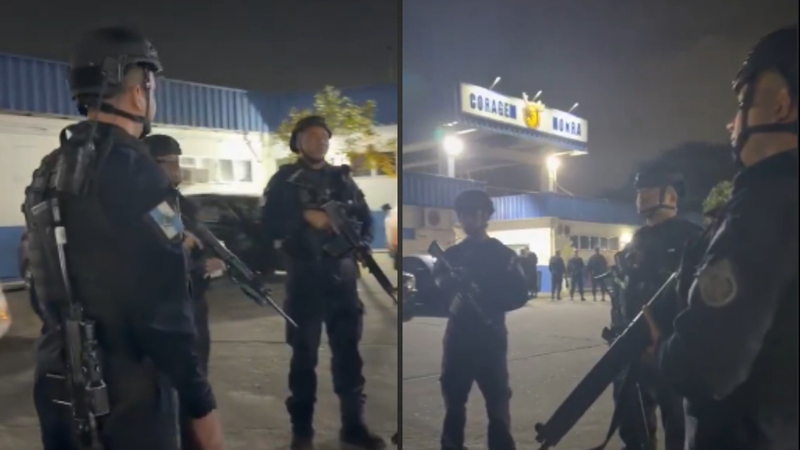 Policiais militares fardados com capacetes e fuzis em operação noturna, sob placa "CORAGEM"