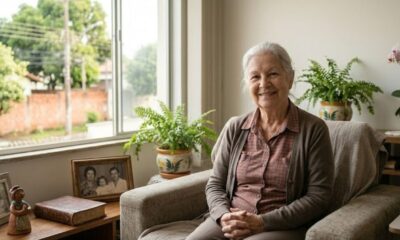 Mulher idosa de cabelo branco sorrindo em um sofá cinza, com janela, plantas e fotos ao redor