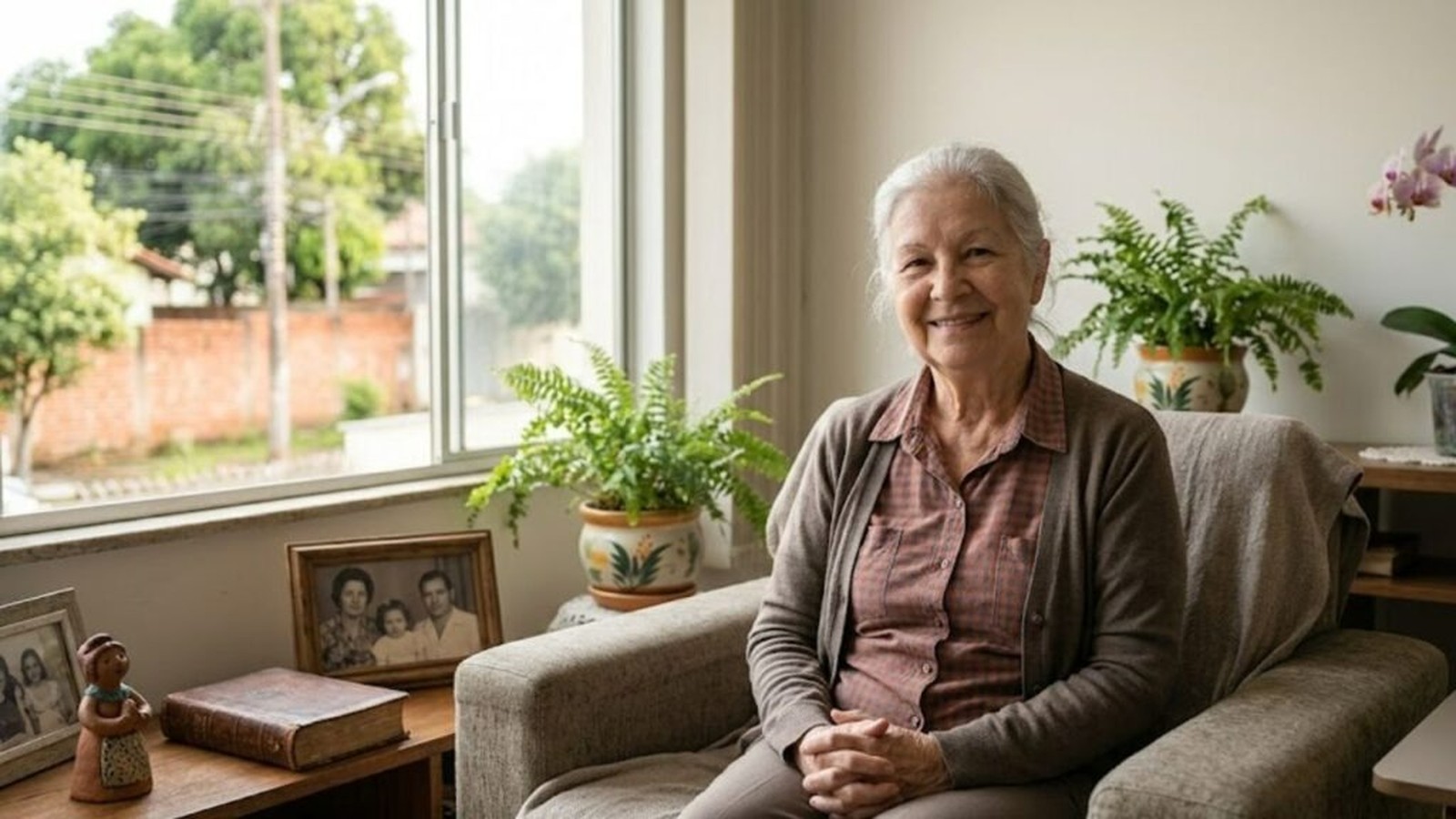 Mulher idosa de cabelo branco sorrindo em um sofá cinza, com janela, plantas e fotos ao redor