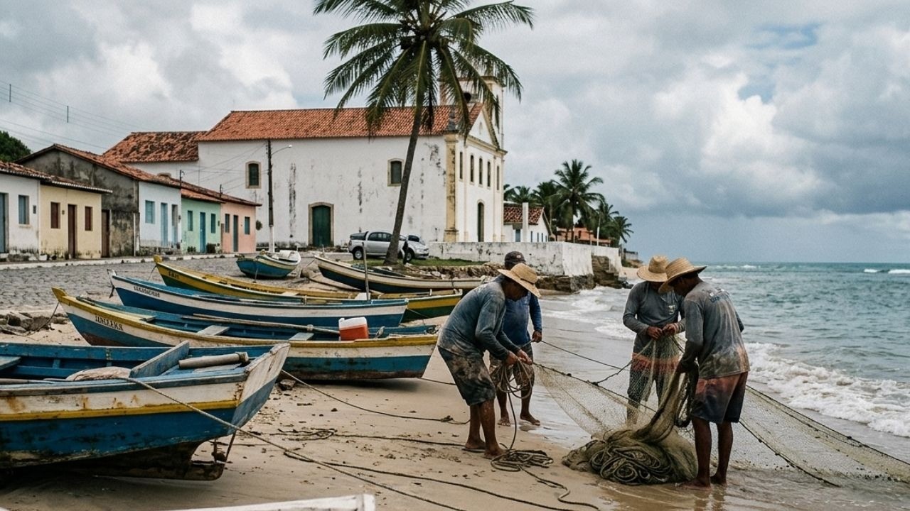 Pescadores na praia com rede, barcos, casas coloridas e igreja colonial.