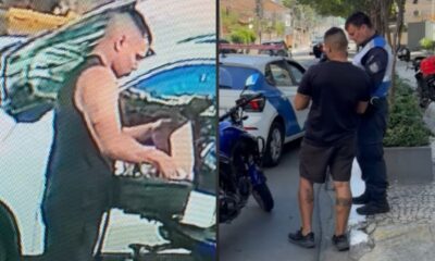 Duas imagens: homem pegando objetos em carro; homem com policial e moto apreendida na rua