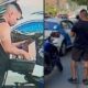 Duas imagens: homem pegando objetos em carro; homem com policial e moto apreendida na rua