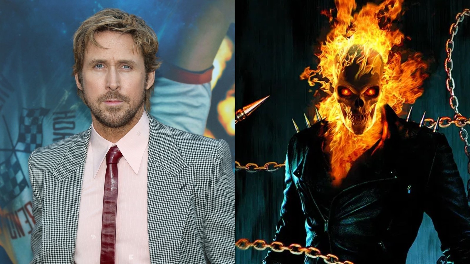Ryan Gosling em blazer; Motoqueiro Fantasma com caveira flamejante, jaqueta de couro e correntes