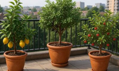 Três árvores frutíferas em vasos no terraço: um limoeiro, um com frutas escuras e outro com frutas vermelhas