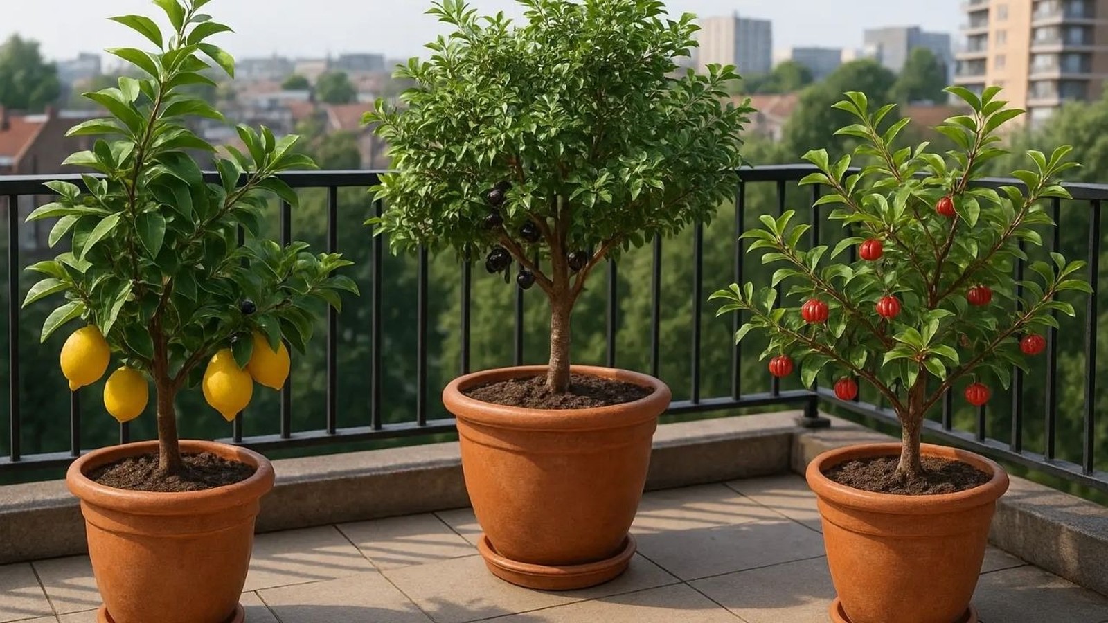 Três árvores frutíferas em vasos no terraço: um limoeiro, um com frutas escuras e outro com frutas vermelhas